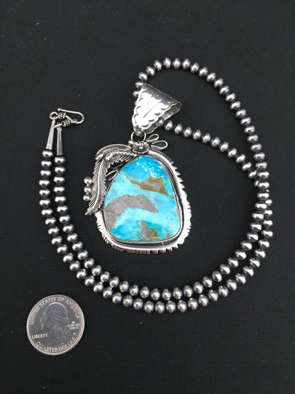 Kingman Turquoise Pendant Navajo Pearls Sterling Silver Necklace 04819