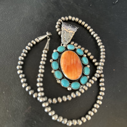 Blue Cluster Kingman Turquoise Sterling Orange Spiny Oyster Pendant 14354