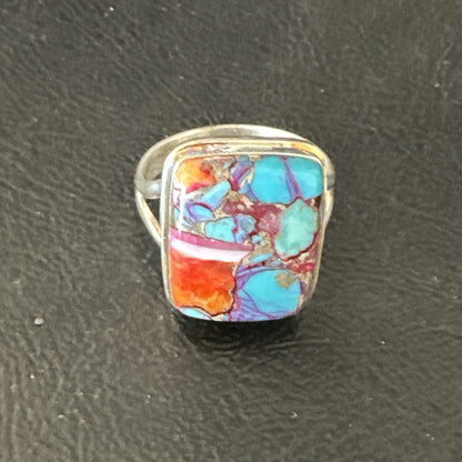 Blue Turquoise Spiny Oyster Southwestern Sterling Silver Ring Size 9 19061
