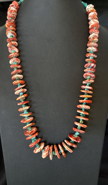 Red Spiny Oyster  Blue Turquoise Navajo Sterling Silver Necklace 28" 19718