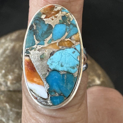 Blue Turquoise Spiny Oyster Southwestern Sterling Silver Ring Size 7 18444