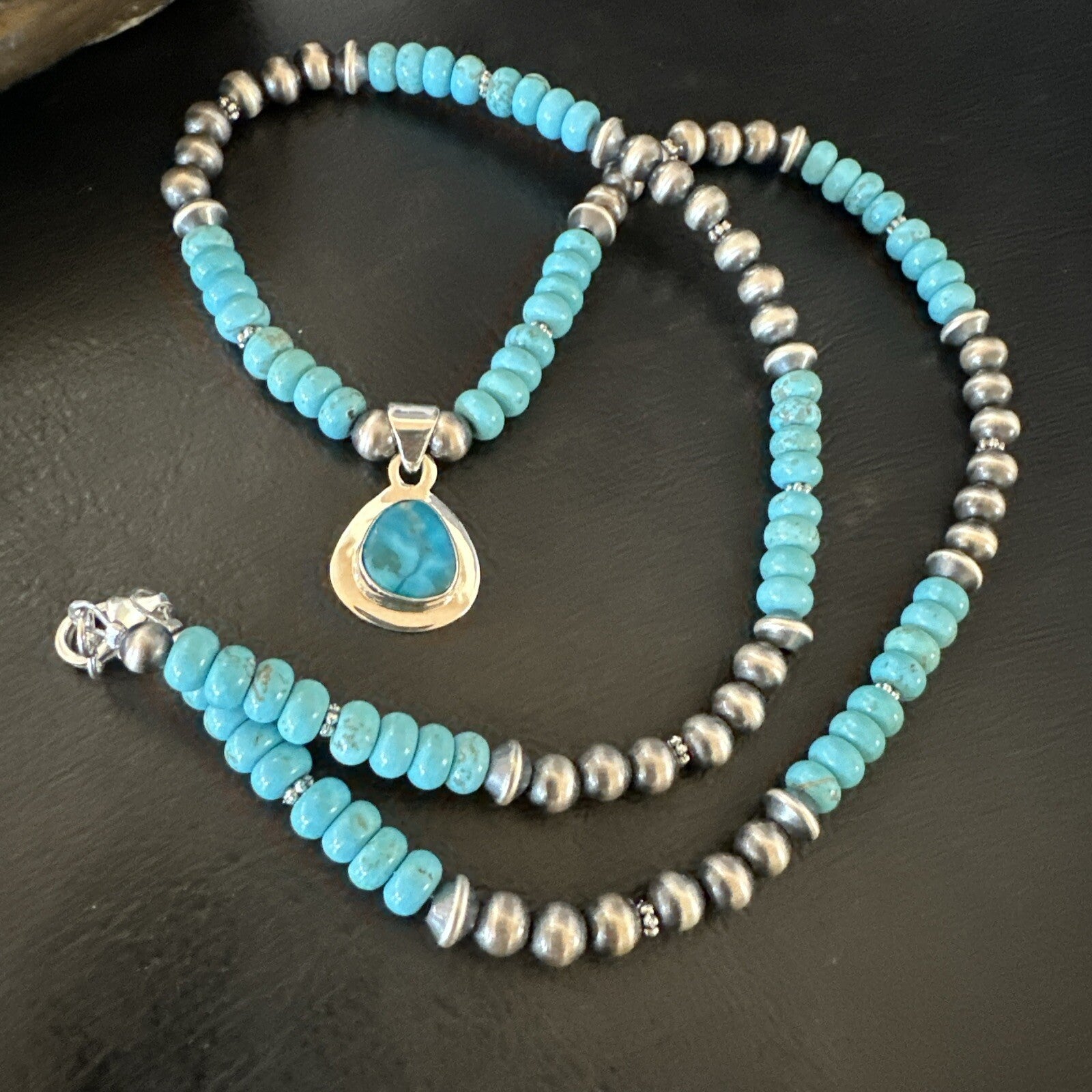 WoMens Blue Kingman Turquoise Pendant Navajo Sterling Silver Necklace 21" 17978