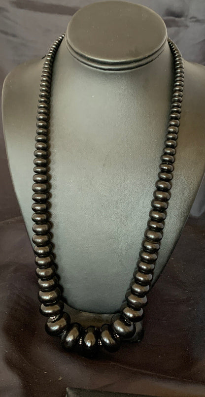 Black Jet Onyx Graduated Bead Navajo Pearls Sterling Silver Necklace 24" 12529