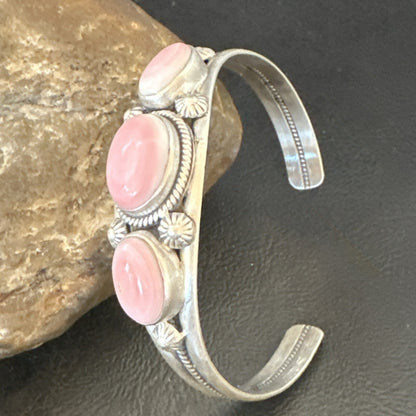 Navajo Pink Conch 3 Stone Sterling Silver Cuff Bracelet 18852
