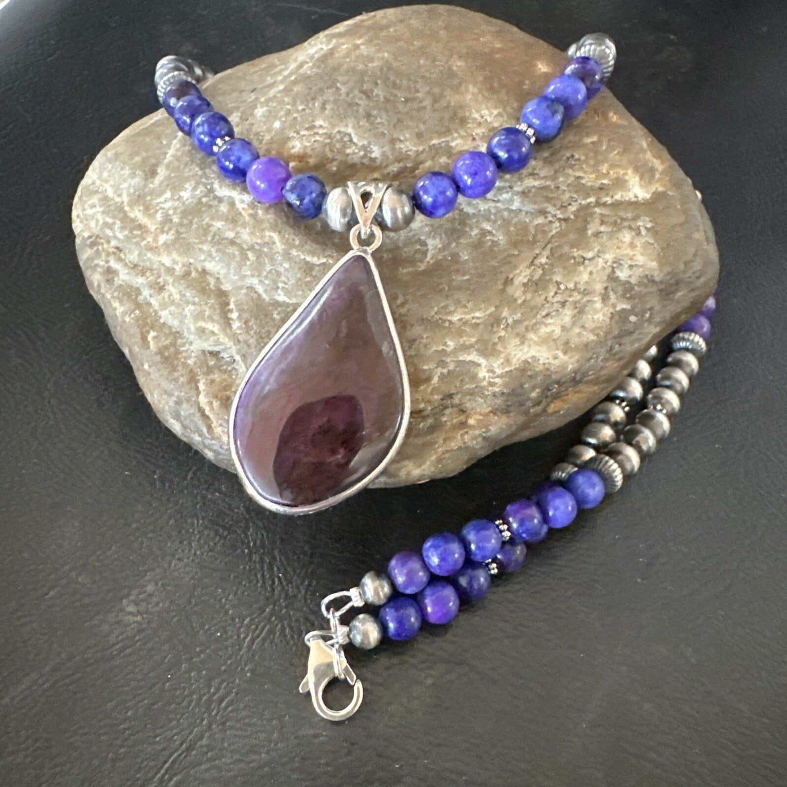 Purple Stone Pendant Navajo Pearls Sterling Silver Necklace 23" 17891