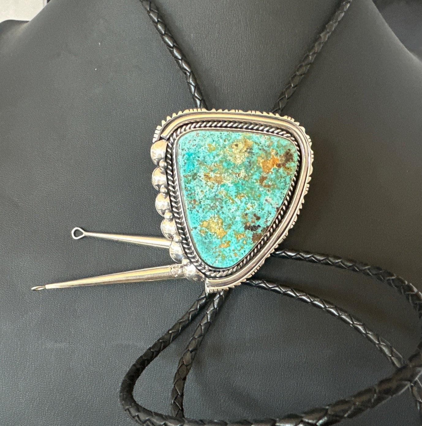 Native Mens Blue Green Royston Turquoise Bolo Tie Sterling Silver Navajo 19593
