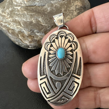 Hopi Native American Turquoise Pendant  Stamped Sterling Silver 2.5” 19686