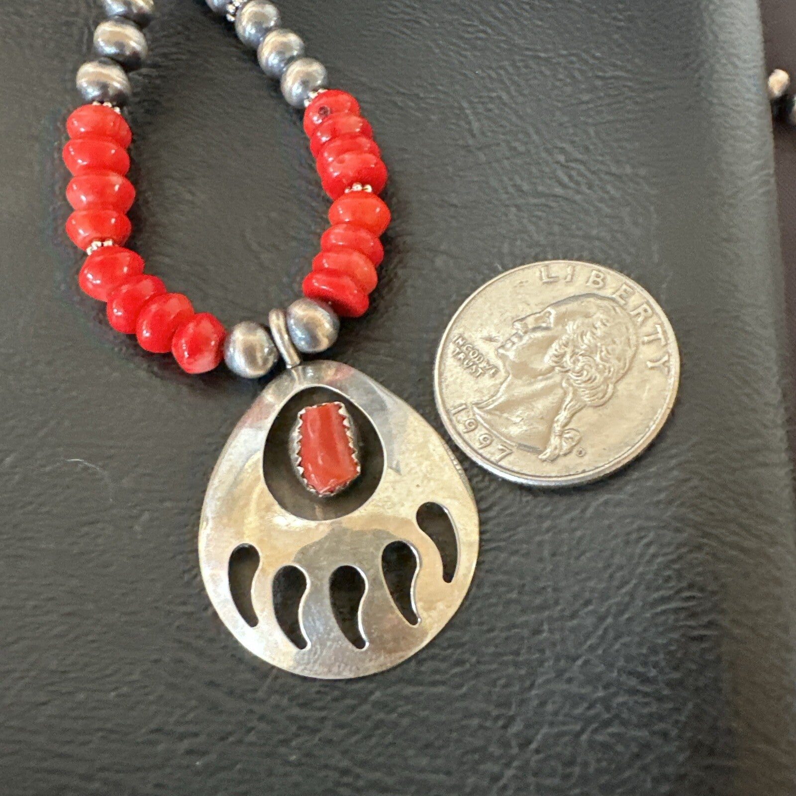 Red Coral BearPaw Inlay Pendant Navajo Pearls Sterling Silver Necklace 21" 18058