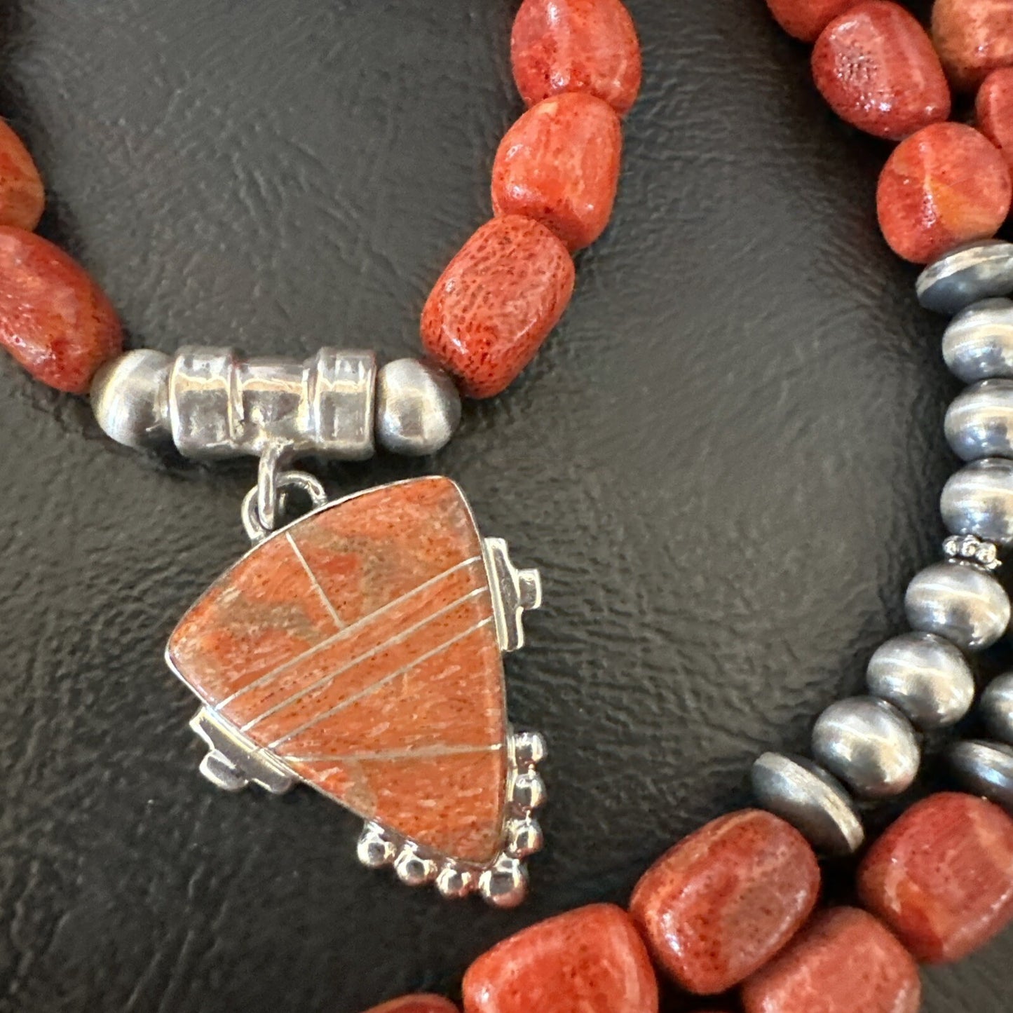 Navajo Apple Sponge Coral Sterling Silver Necklace Inlay Pendant 21” 18685