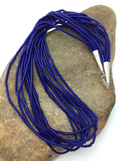 Stabilized Lapis Lazuli 10 Strand Sterling Silver Tube Heishi Necklace 26" 19714