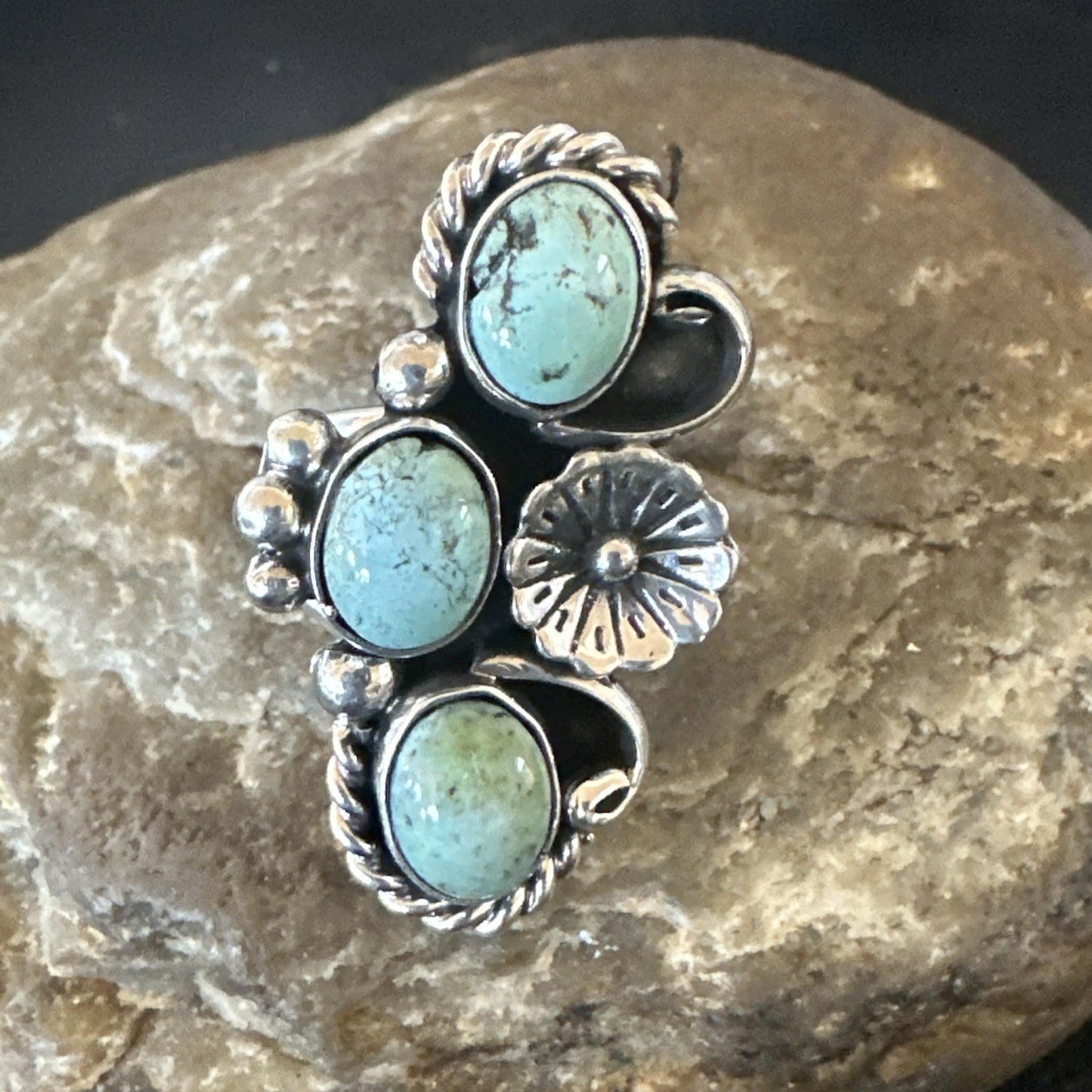 Blue Green Turquoise Navajo Sterling Silver Cluster Ring Size 8.5 19080
