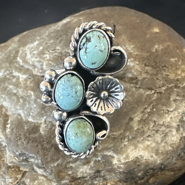 Blue Green Turquoise Navajo Cluster Ring Size 8.5 | Sterling Silver | Authentic Native American Handmade | 19080