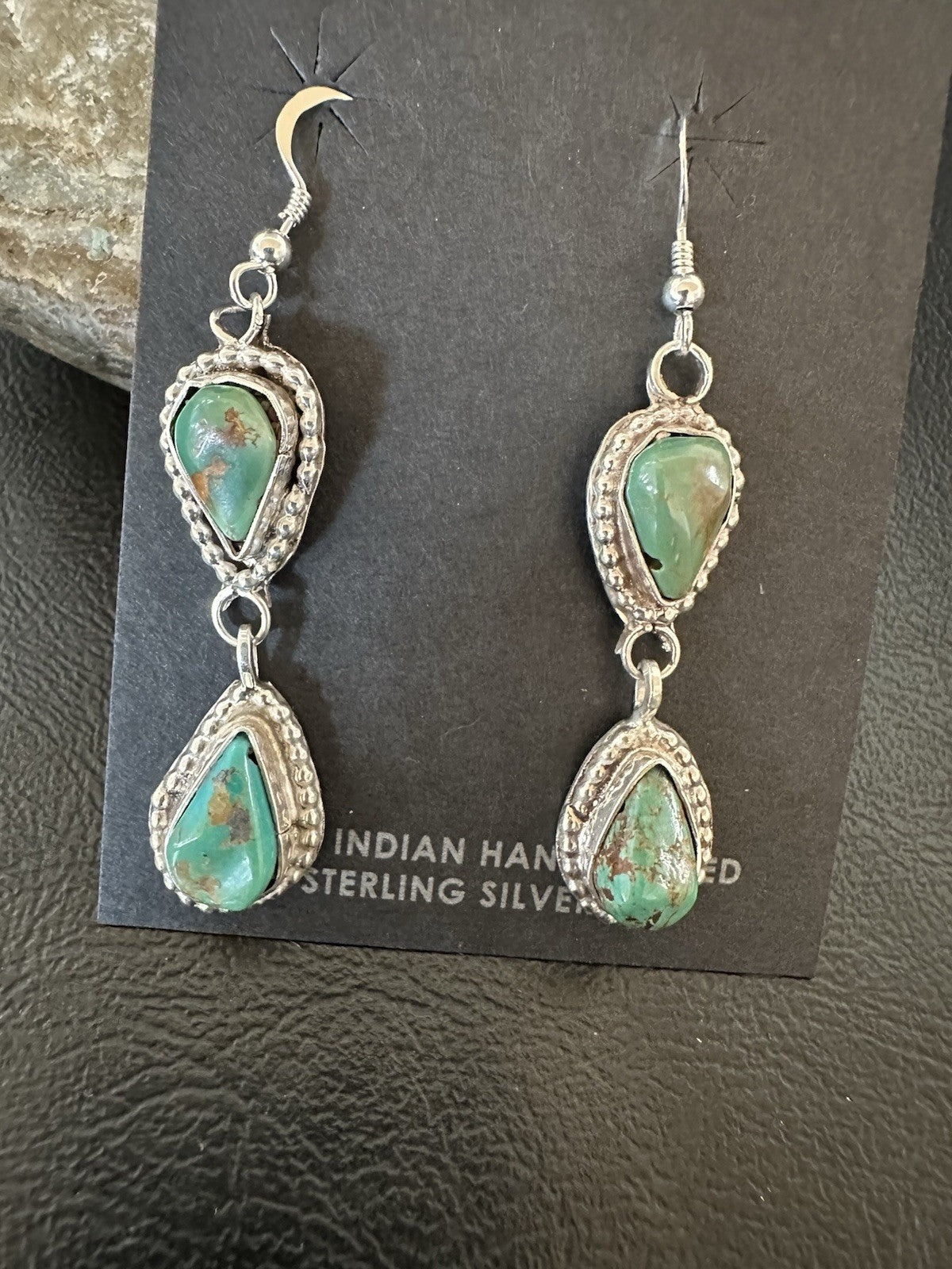 Green Royston Turquoise Navajo Sterling Silver Dangle Earrings 19371