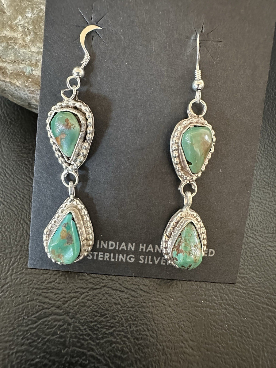 Green Royston Turquoise Navajo Sterling Silver Dangle Earrings 19371
