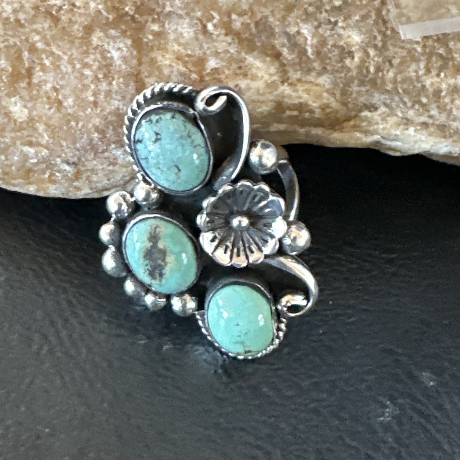 Yazzie Ring Green Turquoise Navajo Sterling Silver Cluster Size 8.5 19215