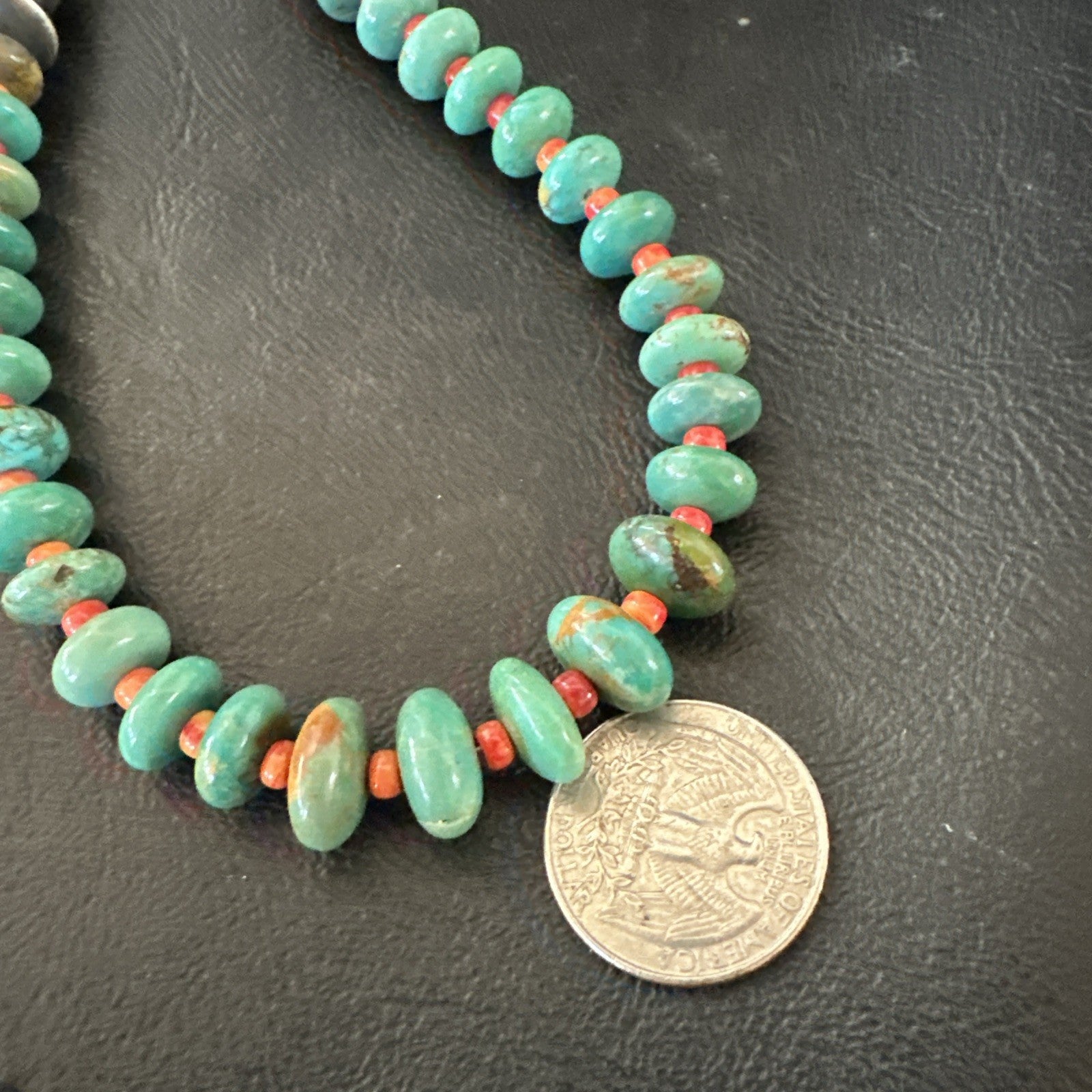 Green Turquoise Spiny Navajo Pearls Sterling Silver Necklace 26” 19682