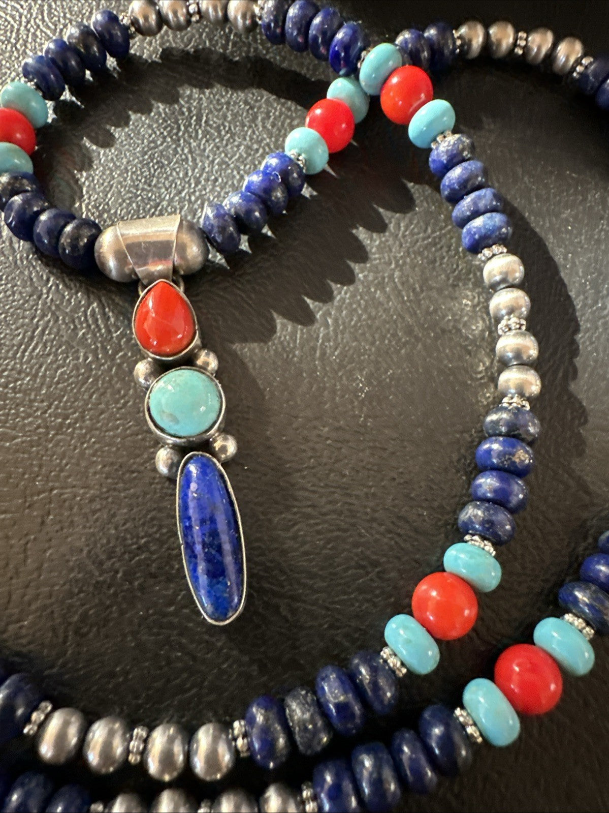 Multicolor Turquoise Spiny Navajo Sterling Silver Cluster Pendant Necklace 19647