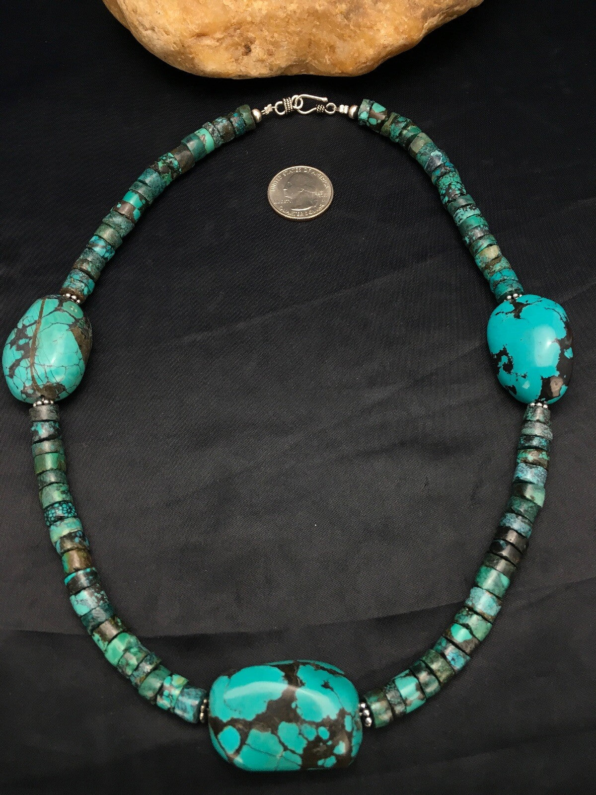 Spider Web Turquoise Heishi Navajo Sterling Silver Beads Necklace 21" 02960