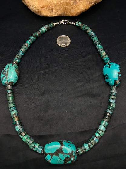 Spider Web Turquoise Heishi Navajo Sterling Silver Beads Necklace 21" 02960