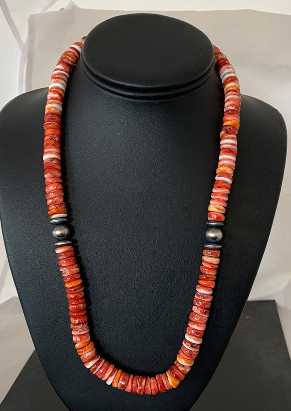Red Spiny Oyster Navajo Beads 20"Necklace | Sterling Silver | Authentic Native American Handmade | 00556