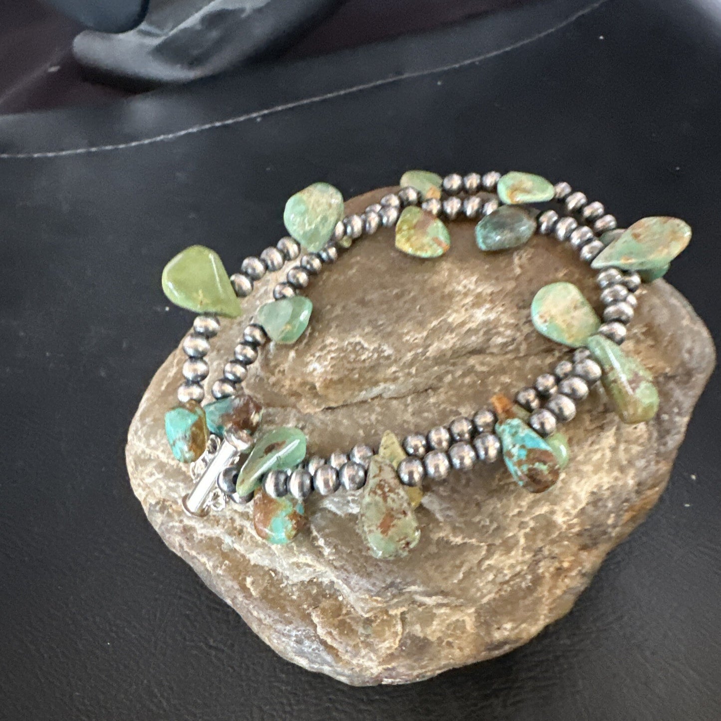 Navajo Sterling Silver Beads Green Turquoise Teardrop Bracelet 2S 7.5" 15259