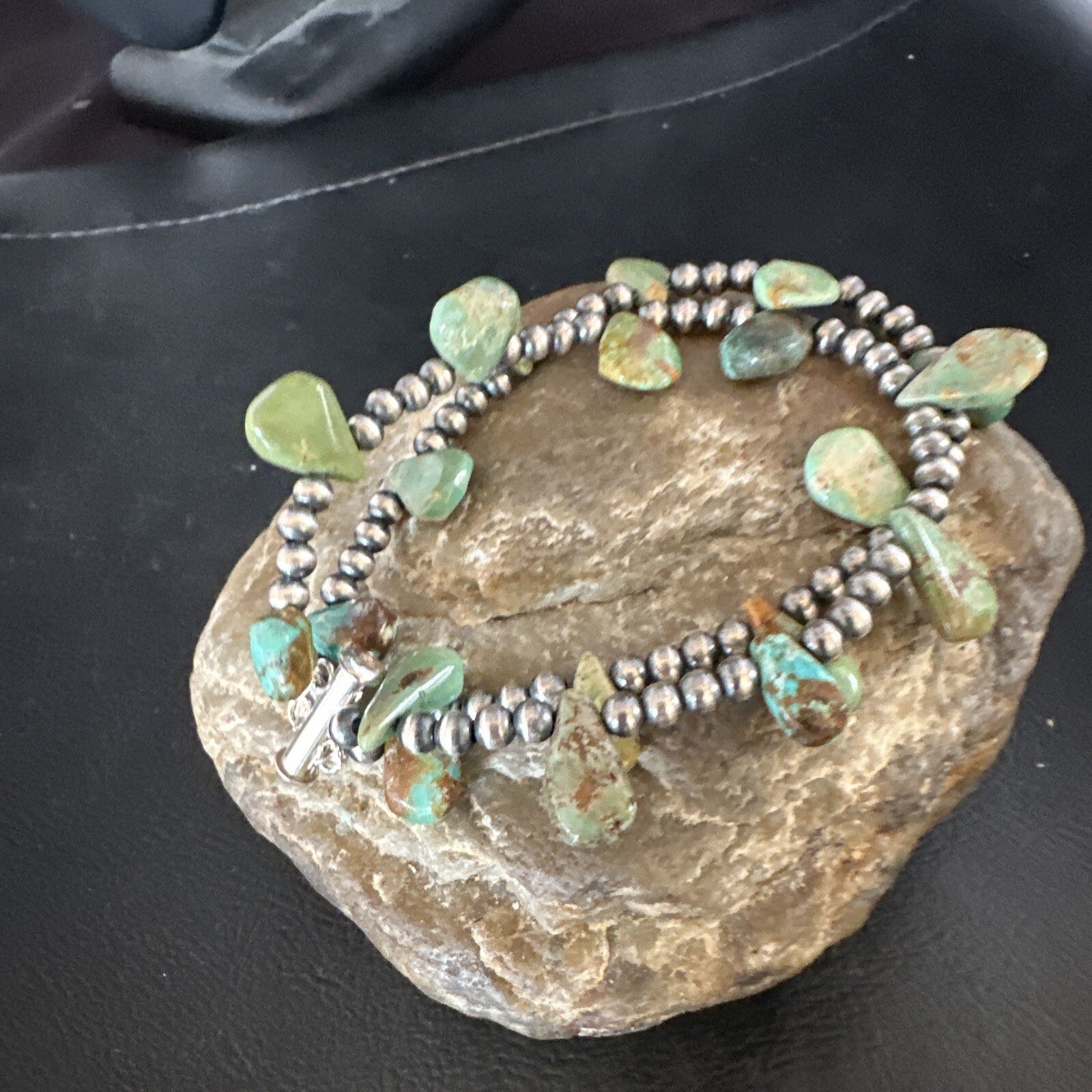 Navajo Sterling Silver Beads Green Turquoise Teardrop Bracelet 2S 7.5" 15259