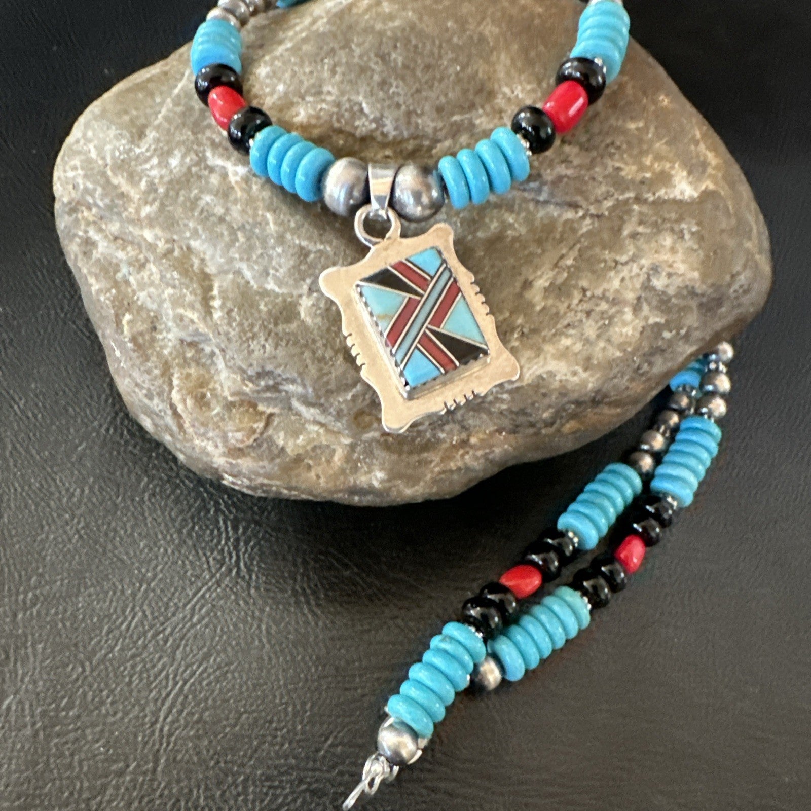 Multicolor Turquoise Coral Navajo Sterling Silver Inlay Pendant Necklace 19649