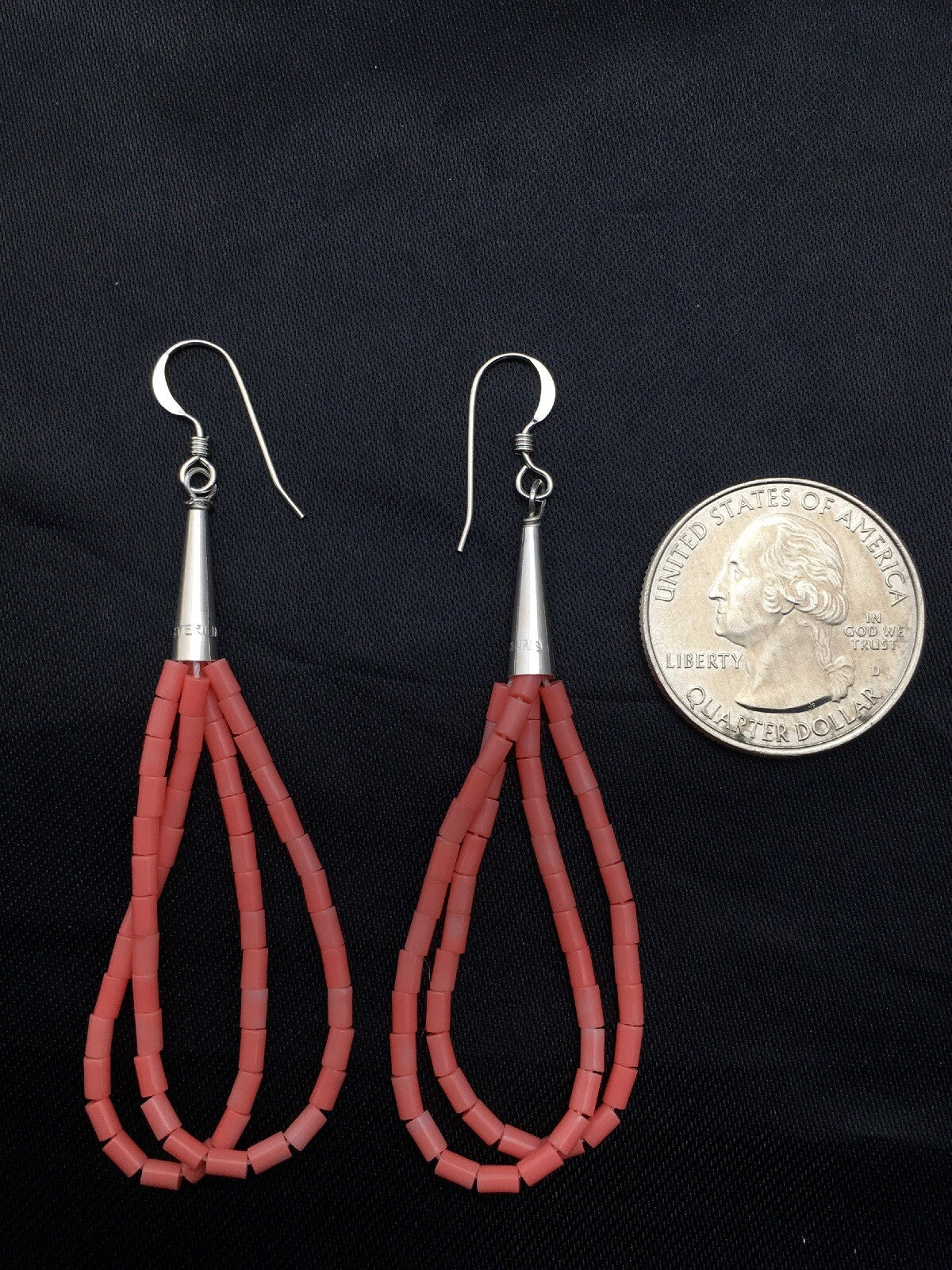 Pink Coral Heishi Liquid Sterling Silver Dangle 2 Strand Earrings 04398