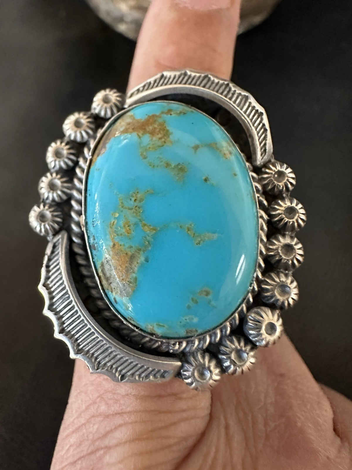 Mens Blue Kingman Turquoise Navajo Sterling Silver Adjustable Ring Size 9 19417
