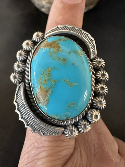 Mens Blue Kingman Turquoise Navajo Sterling Silver Adjustable Ring Size 9 19417