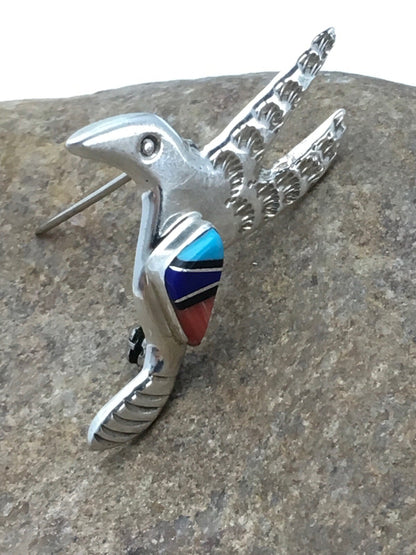 Turquoise Lapis & Coral Hummingbird Inlay Pin Navajo Sterling Silver 02900