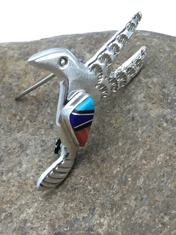 Turquoise Lapis Coral Hummingbird Inlay Pin Navajo | Sterling Silver | Authentic Native American Handmade | 02900