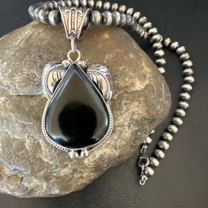 Mens Womens Black Onyx Pendant Navajo Sterling Silver Beads Necklace 18351