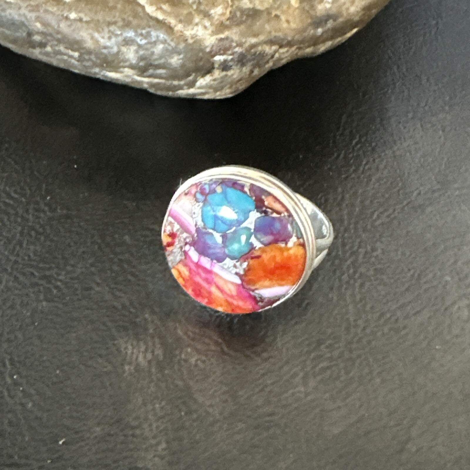Blue Turquoise Spiny Oyster Navajo Sterling Silver Ring Size 8 18248