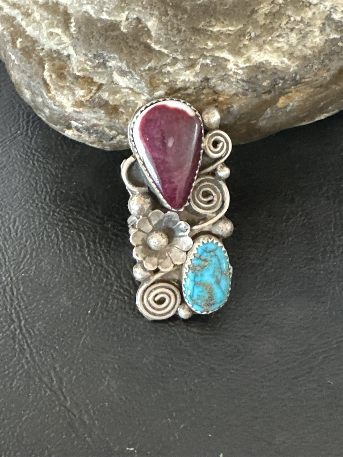Cluster Kingman Turquoise Purple Spiny Navajo Sterling Silver Ring Sz 5.5 19105