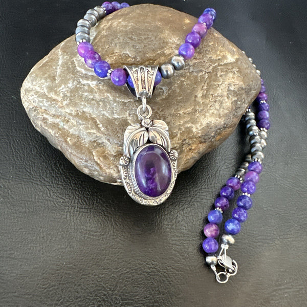 Purple Stone Pendant Navajo Beads Necklace | Sterling Silver | Authentic Native American Handmade | 18390
