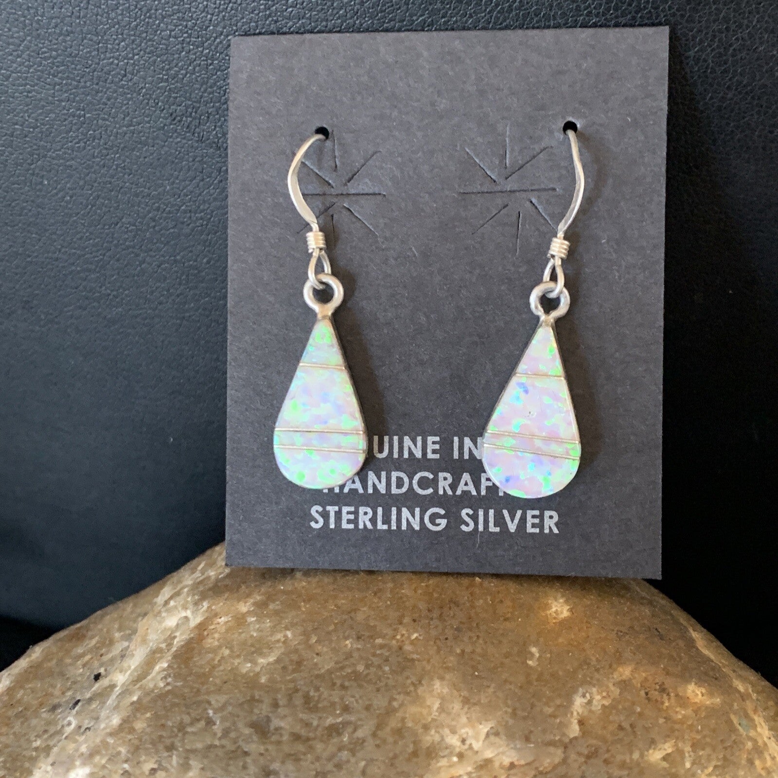 Womens White Opal Inlay Navajo Sterling Silver Dangle Post Earrings 0.5" 12770