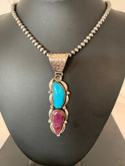 Kingman Turquoise Spiny Oyster Pendant Navajo Necklace | Sterling Silver | Authentic Native American Handmade | 04576