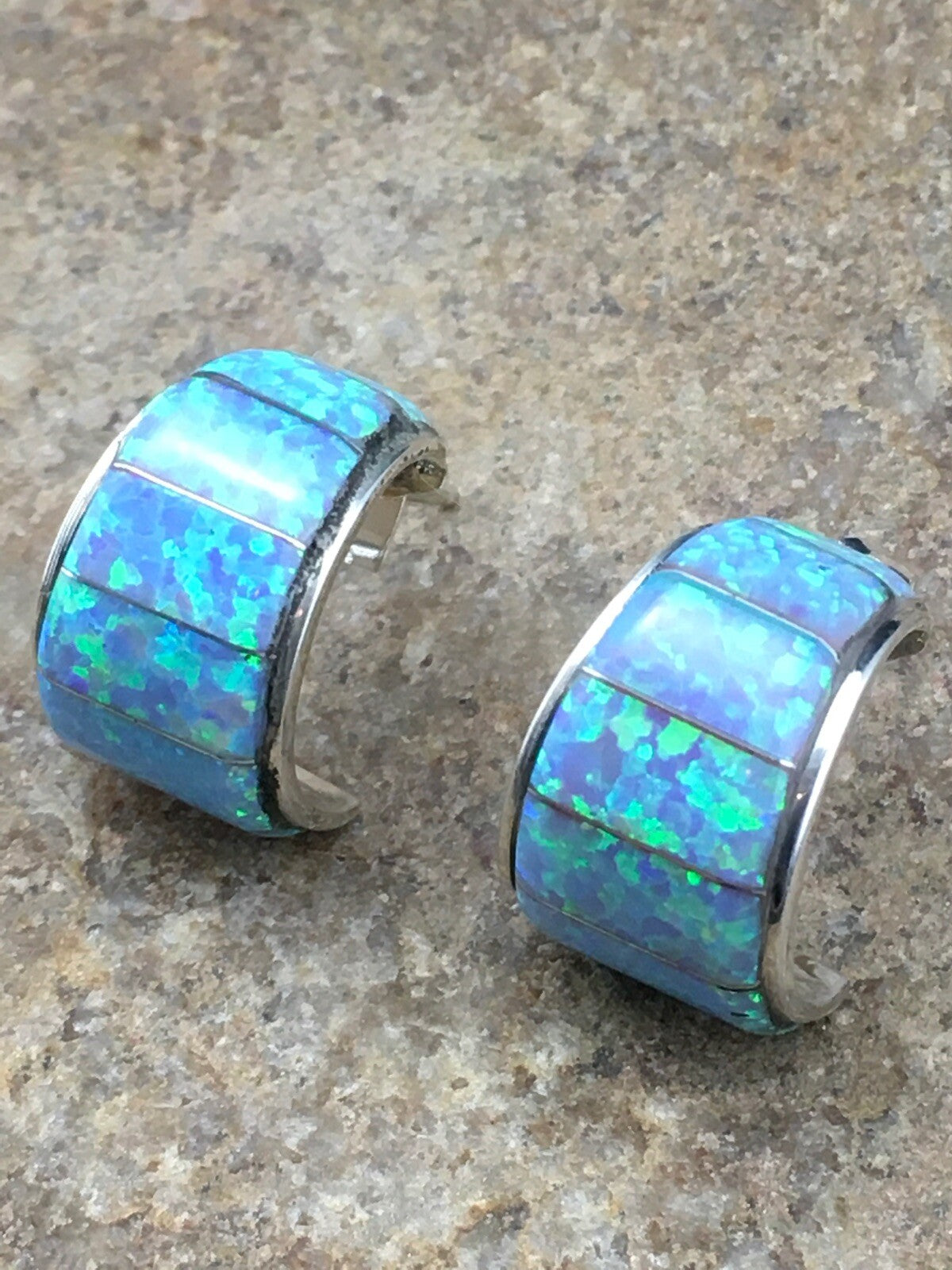 Native American Blue Opal Navajo Sterling Silver Earrings 0.5” 4740