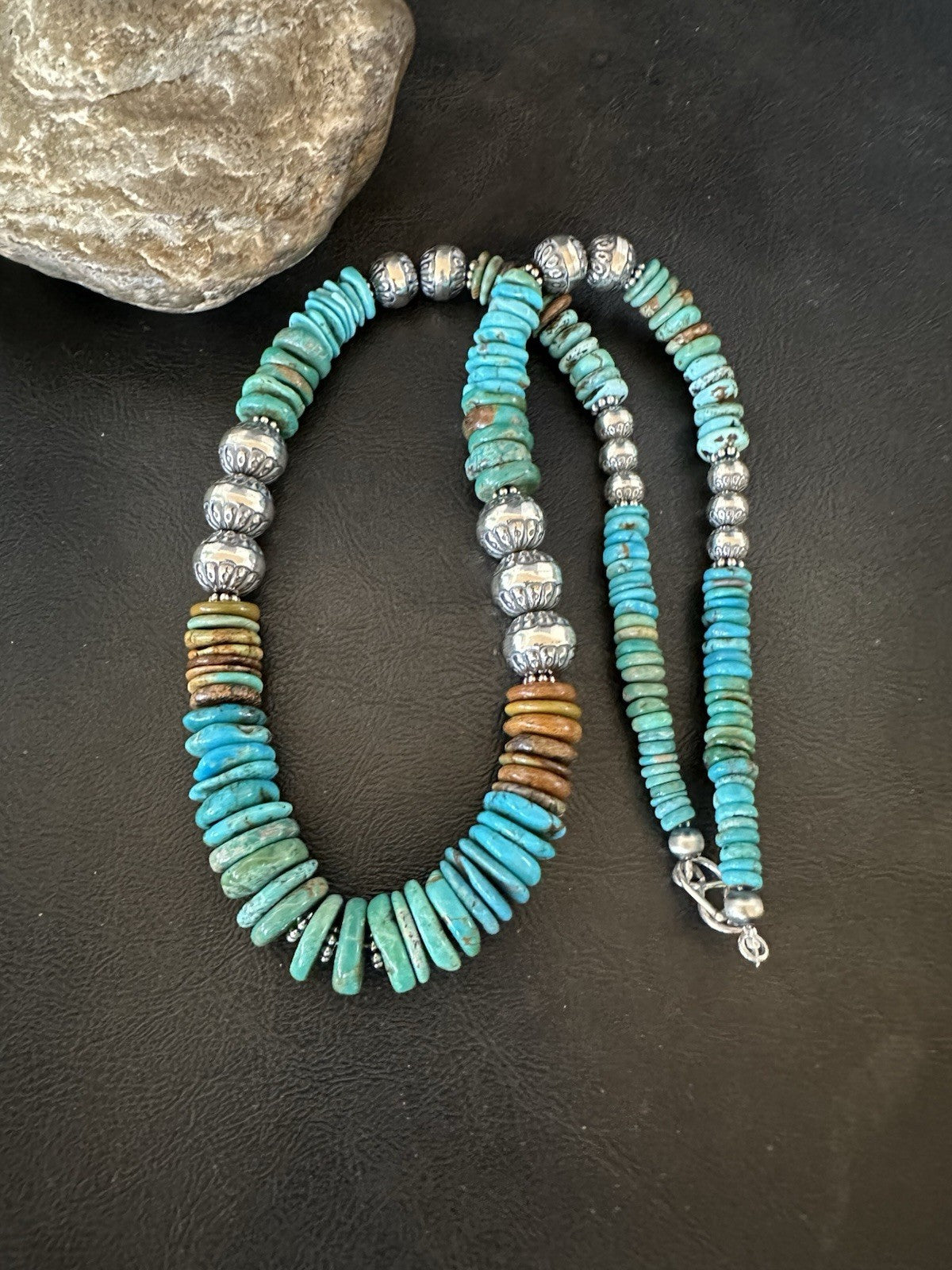 WoMens Blue Green Turquoise Navajo Sterling Silver Necklace 24” 19492
