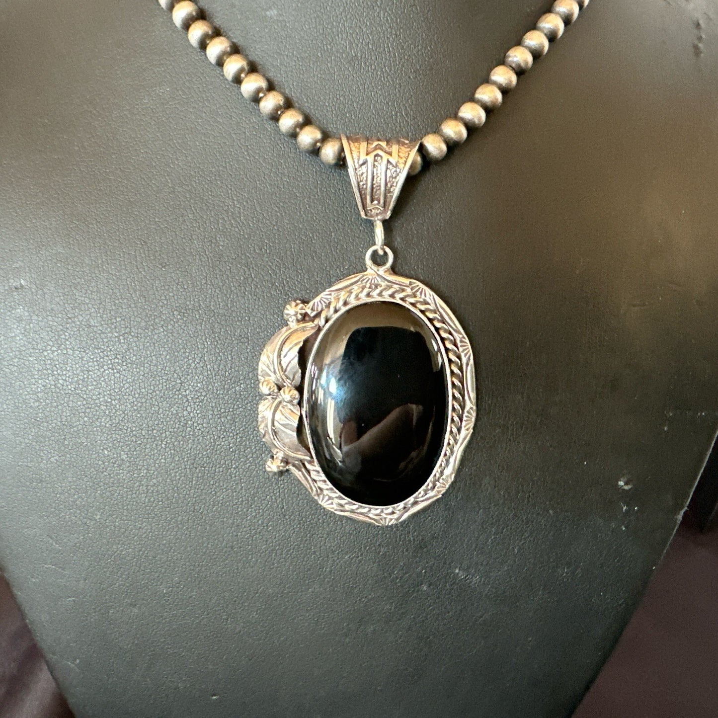 Mens Womens Black Onyx Pendant Navajo Sterling Silver Beads Necklace 18305