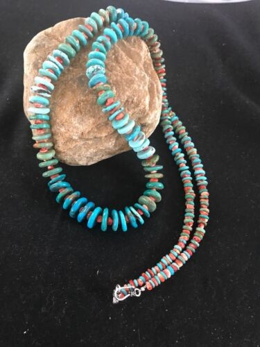 Navajo Blue Green Turquoise & Spiny Oyster Necklace Graduated 35" 8117