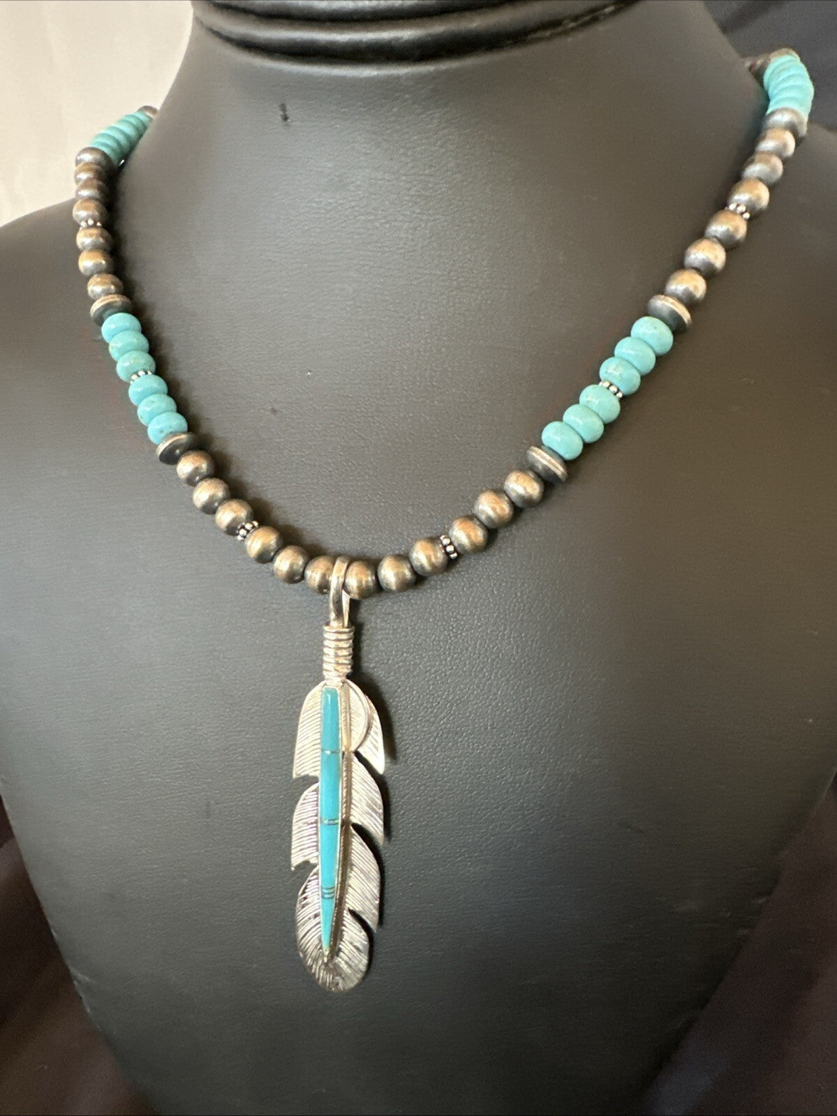 Mens Feather Turquoise Pendant Navajo Sterling Silver Beads Necklace 22" 18669