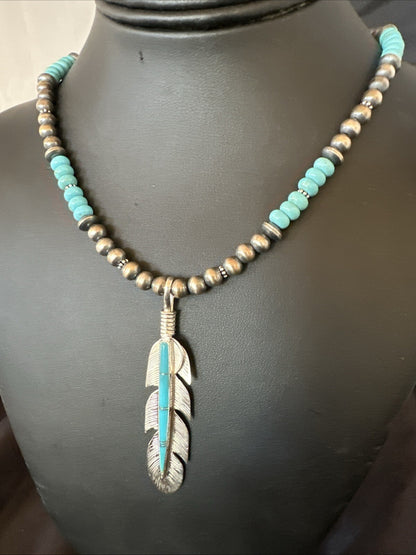 Mens Feather Turquoise Pendant Navajo Sterling Silver Beads Necklace 22" 18669