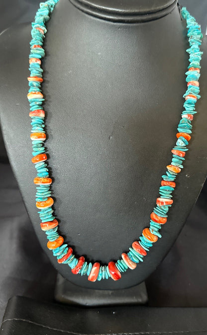 Red Spiny Oyster Blue Turquoise Navajo Sterling Silver Necklace 23" 18267
