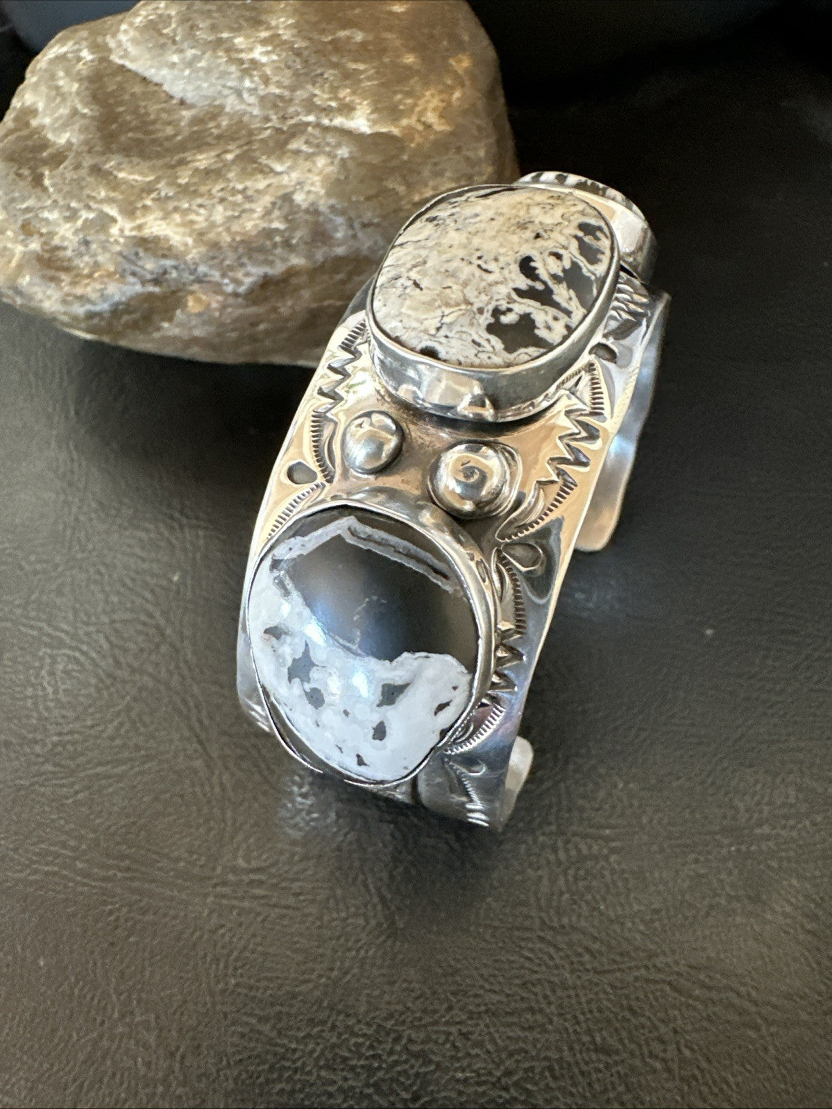 Mens White Buffalo Turquoise Navajo Sterling Silver Cuff Bracelet 7.5" 19428