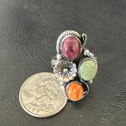 Multicolor Ring Turquoise Spiny Navajo Sterling Silver Cluster Size 8 19169