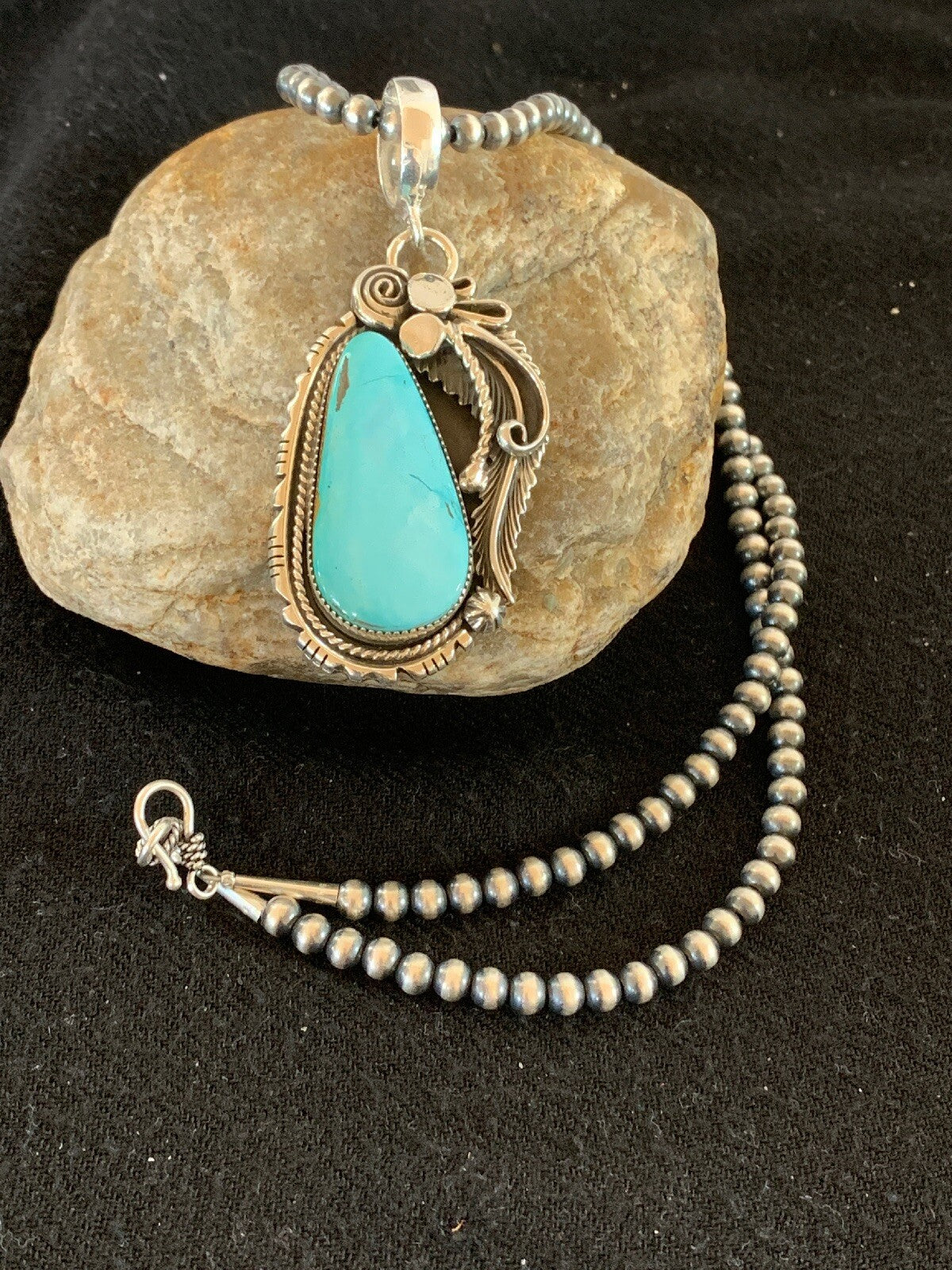 Royston Turquoise Pendant Navajo Sterling Silver Beads Necklace 08735
