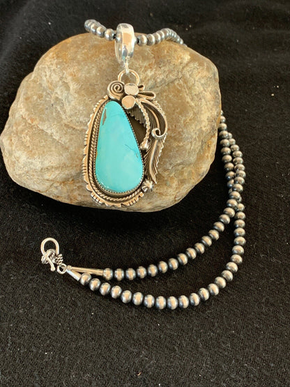 Royston Turquoise Pendant Navajo Sterling Silver Beads Necklace 08735