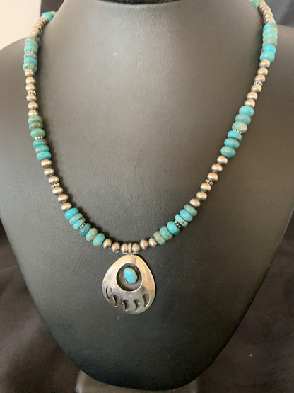 Bear Paw Navajo Sterling Silver Blue Kingman Turquoise Necklace Pendant 11693